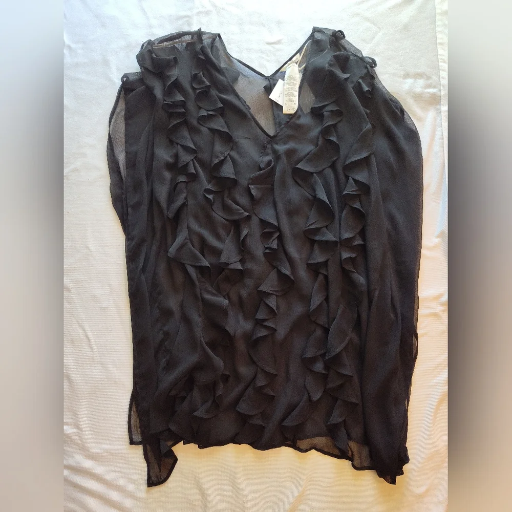 Mimi Flamingo Sheer Black Ruffle Chiffon Tunic Dress NWT Flowy Boho Resort Chic - Picture 2 of 7